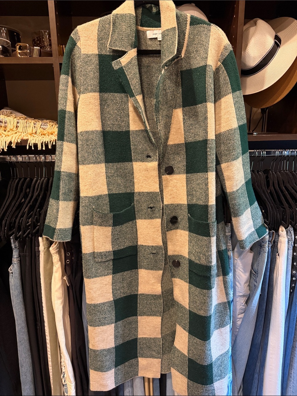 John + Jenn Green and Cream Check Wool Trench Coat